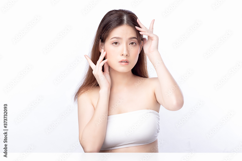 Portrait beautiful young asian woman clean fresh bare skin concept. Asian girl beauty face skincare and health wellness, Facial treatment, Perfect skin, Natural make up. Isolated on white background. Portrait beautiful young asian woman clean fresh bare skin concept. Asian girl beauty face skincare and health wellness, Facial treatment, Perfect skin, Natural make up. Isolated on white background.