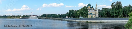 Panorama of the banks of the Volga river in the city of Uglich, Russia.