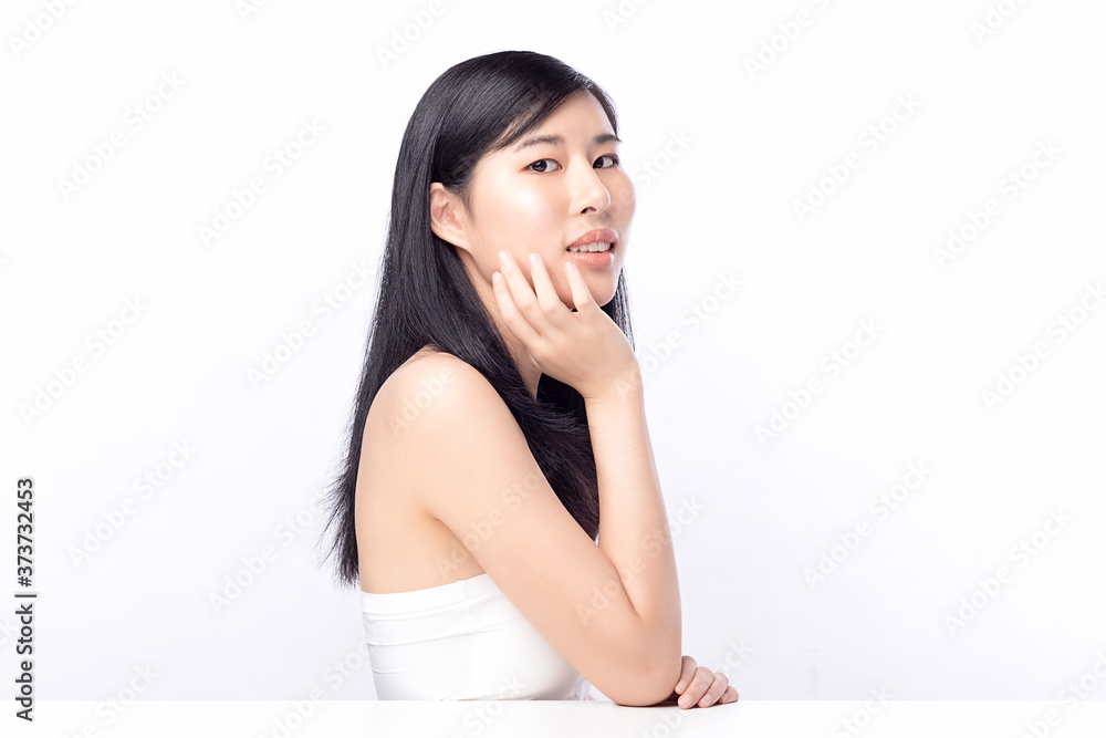 Portrait beautiful young asian woman clean fresh bare skin concept. Asian girl beauty face skincare and health wellness, Facial treatment, Perfect skin, Natural make up. Isolated on white background. Portrait beautiful young asian woman clean fresh bare skin concept. Asian girl beauty face skincare and health wellness, Facial treatment, Perfect skin, Natural make up. Isolated on white background.