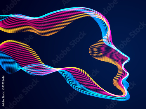 Technological time Spirit vector visualization in shape of human head made of dotted particles array flow in curve shapes, vector futuristic illustration.