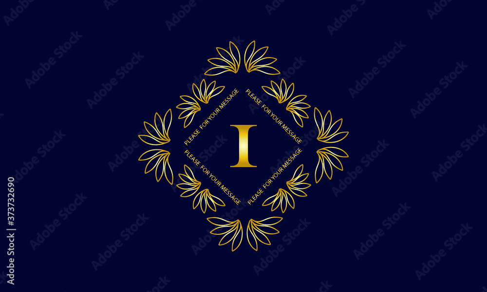 Graceful monogram with the letter I. Golden creative logo on a dark blue background. Floral vector illustration of business, cafe, office, restaurant, heraldry.