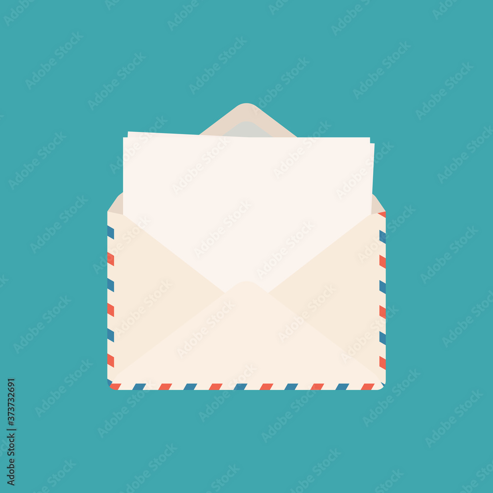 Opened envelope with note paper card. Mail icon. Vector illustration. Opened envelope with note paper card. Mail icon. Vector illustration.