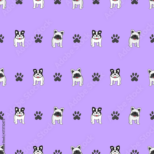 Dog seamless pattern, French bulldog on purple background, Dog icons. 