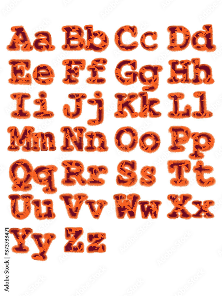 English alphabet with tiger color and fur