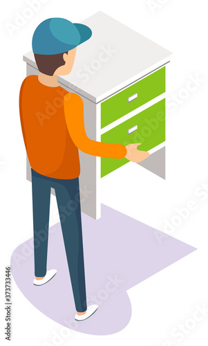 Delivery service worker wearing uniform moving nightstand. Porter in workwear carrying furniture piece. Relocation and transportation 3D vector illustration