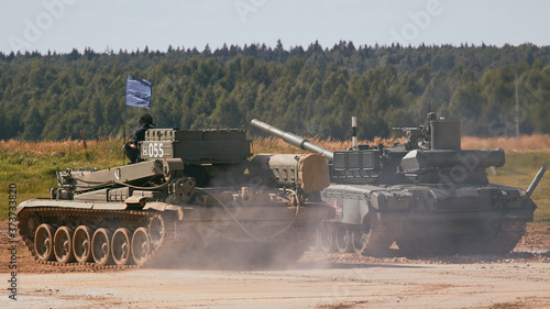 Modern tank at the tank biathlon competition in Alabino near Moscow during the Army-2020 forum photo