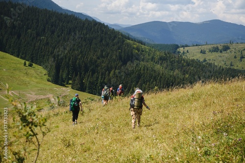 Hiking team in the mountains. travel sport lifestyle concept