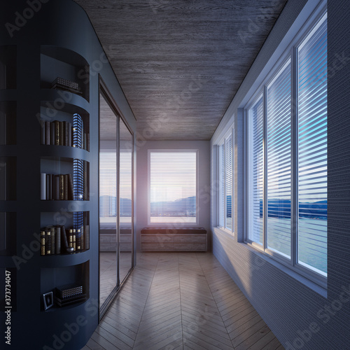 Home apartment hallway interior with mirror and black bookshelf  3D Rendering © hd3dsh