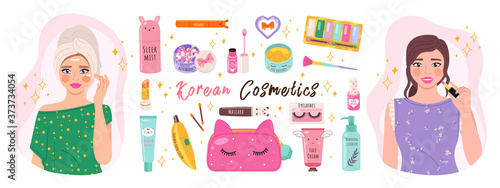 Makeup cosmetics tools and Korean cosmetics. Beauty products collection.Toner, cream, lotion, eye patches, serum, lipstick, nail polish, powder, toothpaste and a beautiful woman does facial skin care