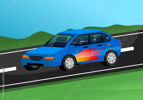 Sports car racing on the highway on natural landscape background. Blue car patterned flame of fire on a side door rides on the asphalt road flat vector illustration. Frame from computer racing game