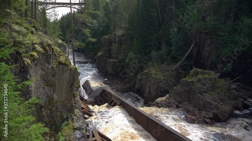 Cascading River in Deep Canyon at Storstupet Waterfalls in Dalarna, Sweden, Slow Motion photo