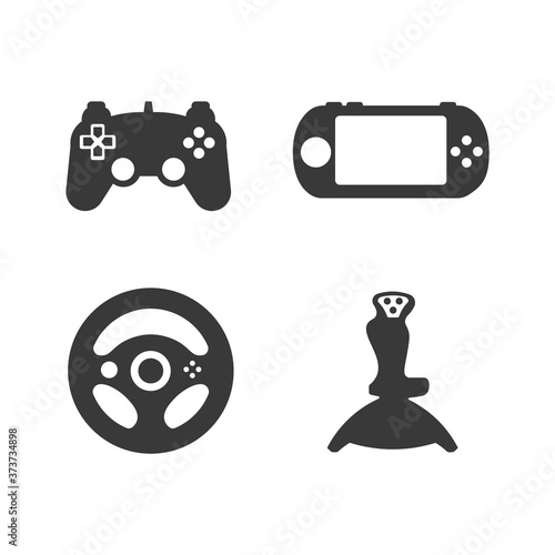 Collection of game consoles wireless gamepad joystick and steering wheel isolated set illustration.