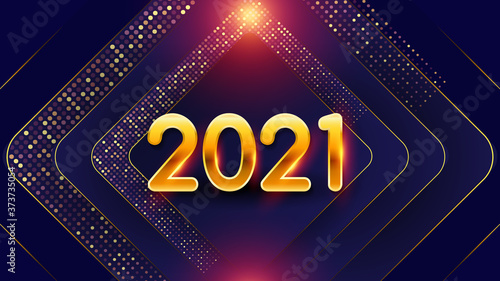 New Years holiday background 2021. Festive geometric purple vector background with golden numbers 2021 and glitter particles. Design element for advertising poster, flyer, postcard, holiday banner