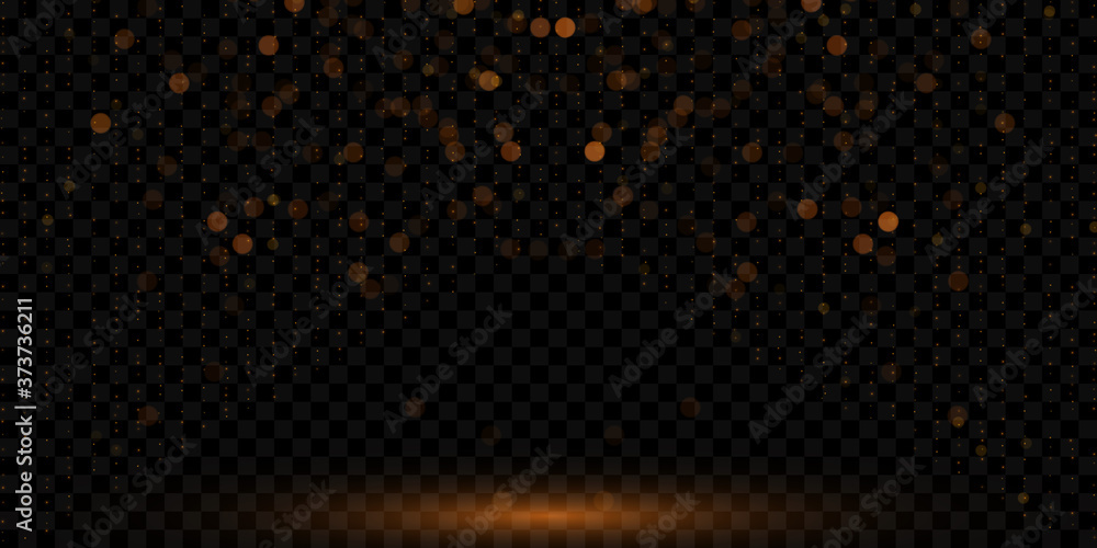 Golden light effect, magical sparkles, glowing particles  isolated on dark transparent background	