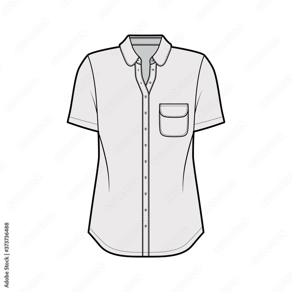 Classic shirt technical fashion illustration with rounded pocket and collar, short sleeves, relax fit, front button-fastening. Flat apparel template front, grey color. Women men unisex top CAD mockup Classic shirt technical fashion illustration with rounded pocket and collar, short sleeves, relax fit, front button-fastening. Flat apparel template front, grey color. Women men unisex top CAD mockup