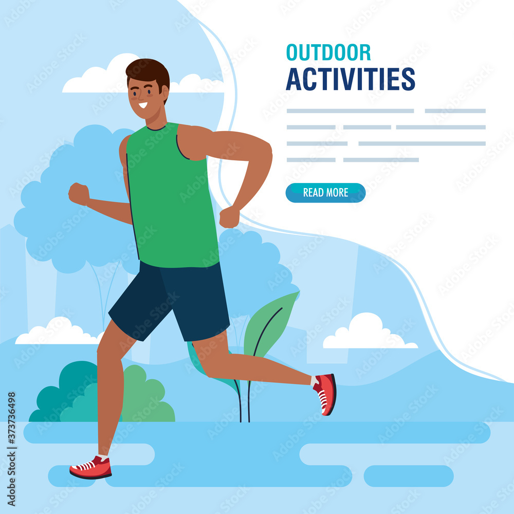banner outdoor activities, man afro running outdoor, sport recreation exercise vector illustration design
