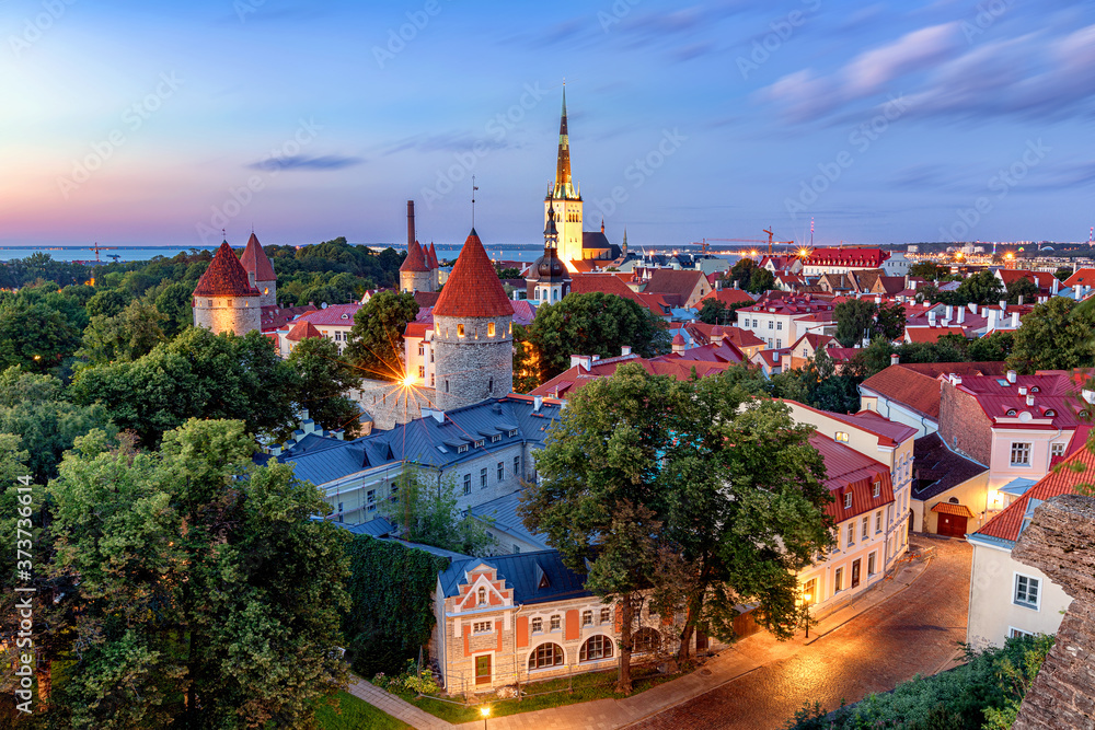 View over Tallinn from elevated viewpoint in the evening