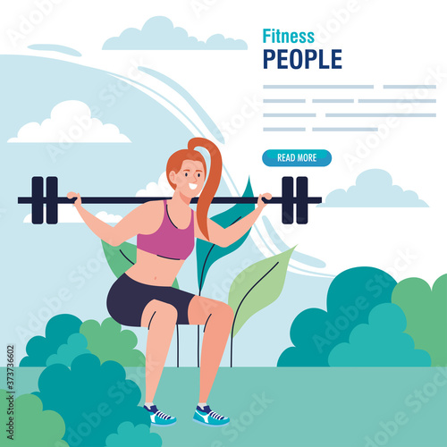 banner, woman doing squats with weight bar outdoor, sport recreation exercise vector illustration design