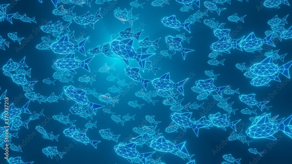 Technogenic background with neon school of fish Technogenic background with neon school of fish