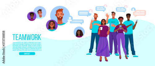 Online teamwork and group chat illustration with different people, avatars, messages. Virtual meeting with diverse freelancers communicating in internet.Group chat vector banner with young colleagues