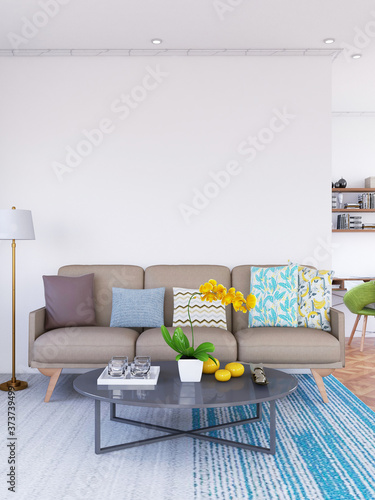Interior Living Room Wall Mockup. 3D Illustration, 3D rendering.