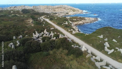 Galicia. Stone Cemetery Cabo De Moras Lugo, Spain. Aerial Drone Footage photo