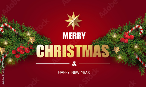 Merry Christmas and Happy New Year. Christmas greeting card made by tree branches with berries, gold stars, candy canes and decorated in red background.	