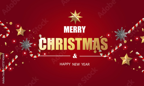 Merry Christmas and Happy New Year. Christmas greeting card red background with gold stars and silver snowflakes, gold snowflakes, candy canes and decoration. 