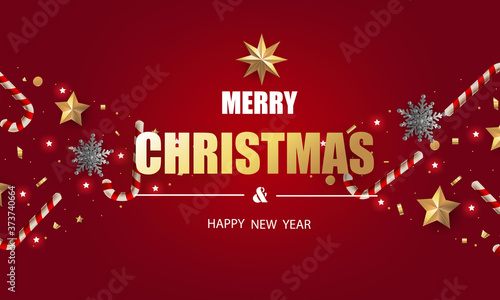 Merry Christmas and Happy New Year. Christmas greeting card red background with gold stars and silver snowflakes, gold snowflakes, candy canes and decoration.	
