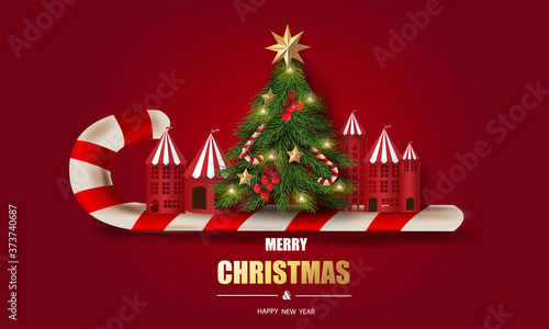 Merry Christmas and Happy New Year. Town and Christmas tree on candy canes in red background.