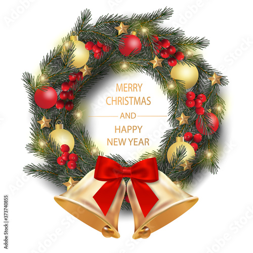 Merry Christmas and Happy New Year. Illustration of Christmas wreath with bells, bow, balls and decoration isolate.	
