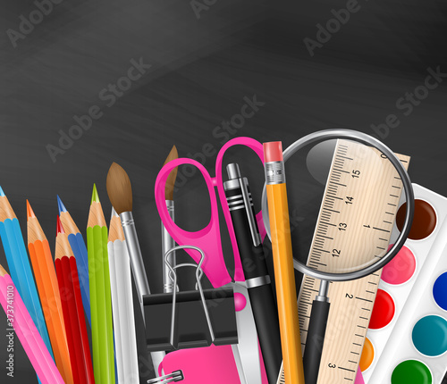 School design with realistic supplies on blackboard background, and free space for text. Vector illustration.