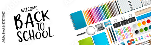 Welcome back to school banner with colorful supplies. Vector illustration.