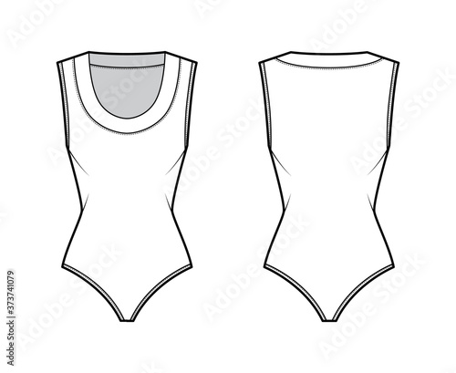 Bodysuit technical fashion illustration with scooped neckline, sleeveless, medium-coverage briefs. Flat outwear one-piece apparel template front back white color. Women men unisex shirt top CAD mockup