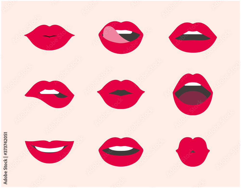 Red female lip collection. Collection of woman lips expressed differernt emotions. Modern flat vector illustration of sexy woman's lips. Smile, kiss. beauty concept, Pop art, Trendy background. - obrazy, fototapety, plakaty 