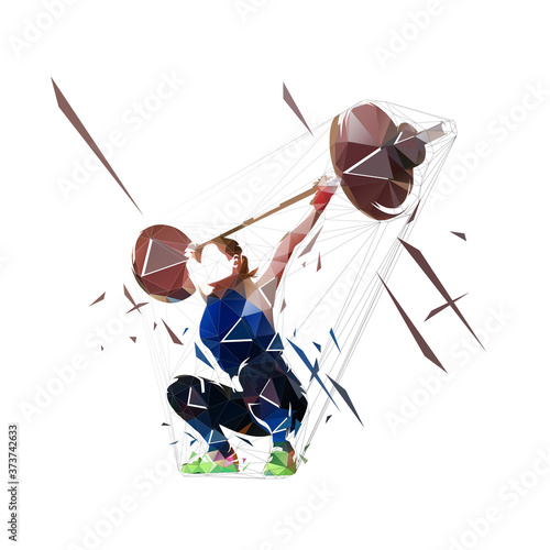 Weightlifter woman, low polygonal abstract isolated vector illustration. Geometric strong people. Triangles