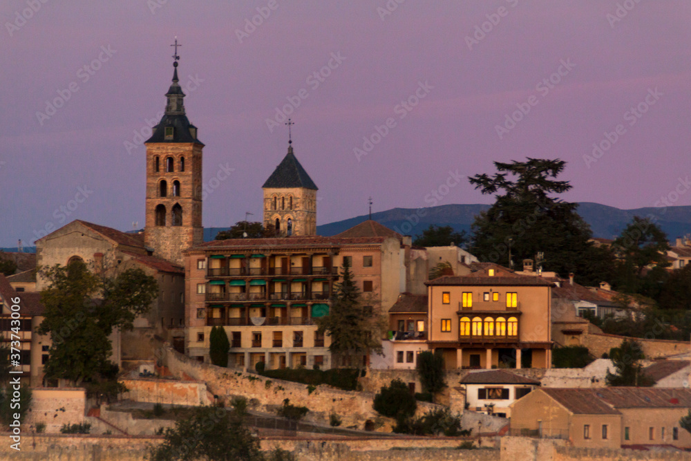 Night image Cathedral and Alcazar of Segovia and monuments, Castilla y Leon, Spain.