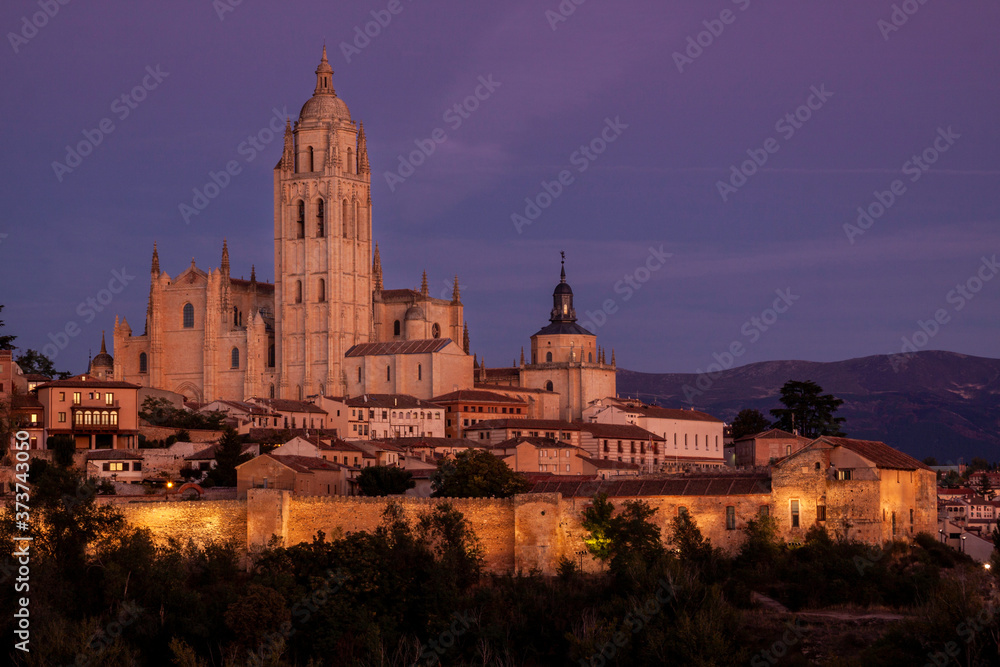 Night image Cathedral and Alcazar of Segovia and monuments, Castilla y Leon, Spain.