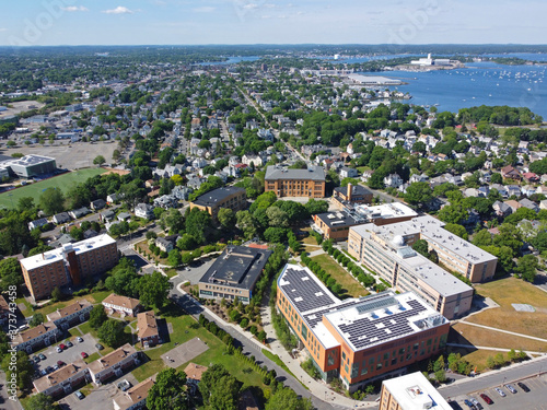 Aerial view of Salem State University campus and Edward Sullivan Building in city of Salem, Massachusetts MA, USA.  photo