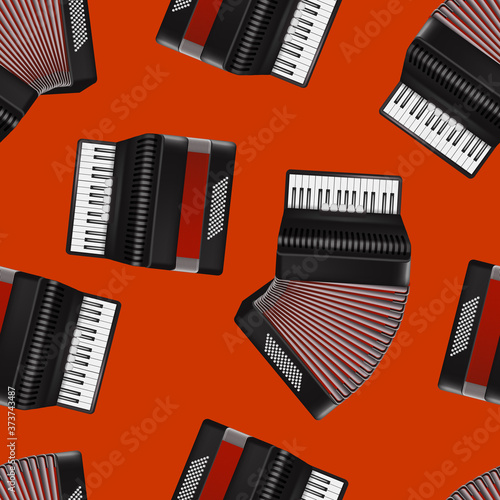 Realistic 3d Detailed Bayan Accordion Seamless Pattern Background. Vector