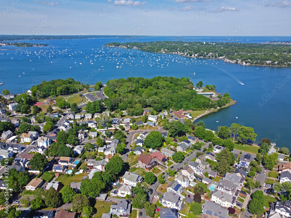 Aerial view of Salem historic city center and Salem Harbor in town of Salem, Massachusetts MA, USA. 