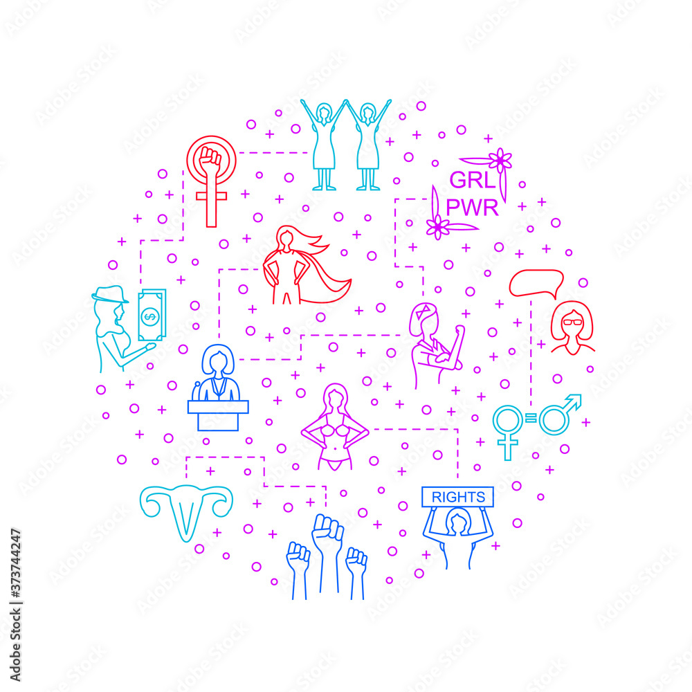 Feminism Signs Thin Line Concept Round Design Template. Vector Feminism Signs Thin Line Concept Round Design Template. Vector