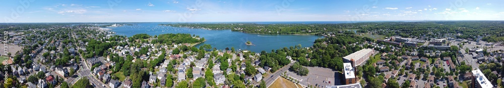 Aerial view panorama of Salem historic city center and Salem Harbor in town of Salem, Massachusetts MA, USA. 