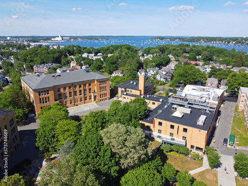 Aerial view of Salem State University campus and Edward Sullivan Building in city of Salem, Massachusetts MA, USA.  photo