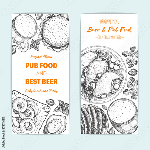Banner set for beer pub or beer restaurant. Vector illustration in sketch style. Hand drawn vertical flyers. Engraved style image