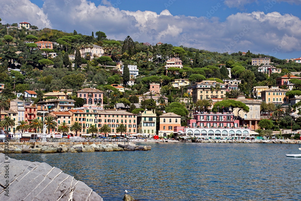 Beautiful view to Santa Margherita Ligure city, blue sky and sea in Italy