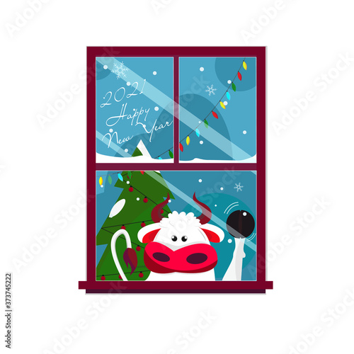 bull, symbol of the Chinese New Year 2021. The bull is knocking on the window, happy new year. vector stock illustration, cartoon...
