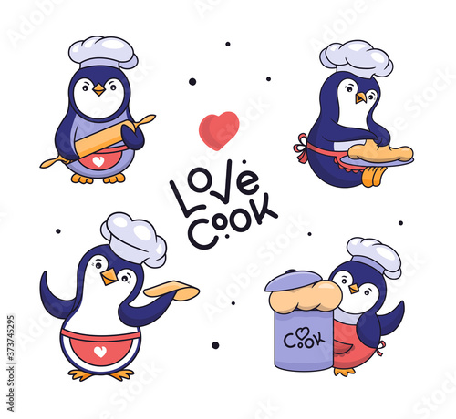 Set of penguins in a cap and apron. Cartoonish cooks