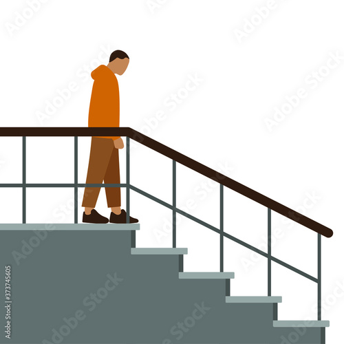 A male character stands on the top step of the stairs and looks down