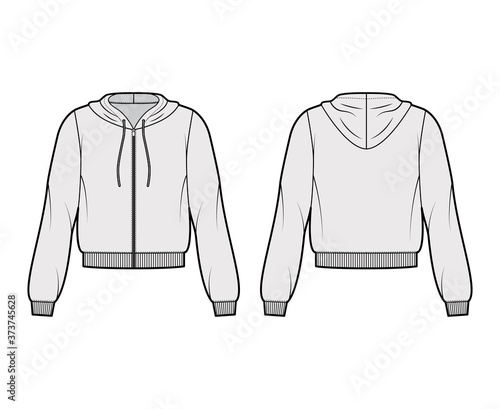 Zip-up cotton-fleece hoodie technical fashion illustration with relaxed fit, long sleeves, ribbed trims. Flat jumper apparel template front, back, grey color. Women, men, unisex sweatshirt top mockup
